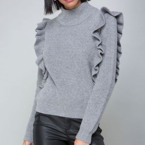 Bebe Sweater Ruffle Rib Knit Turtle Neck Gray NWT